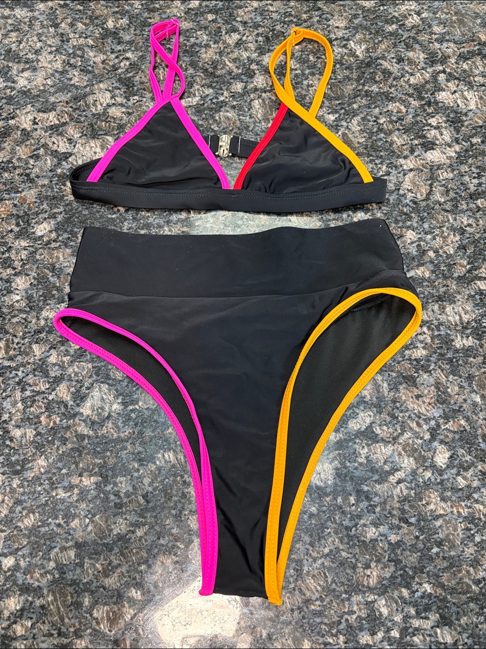 Neon Accent Black Bikini Set Sz  S